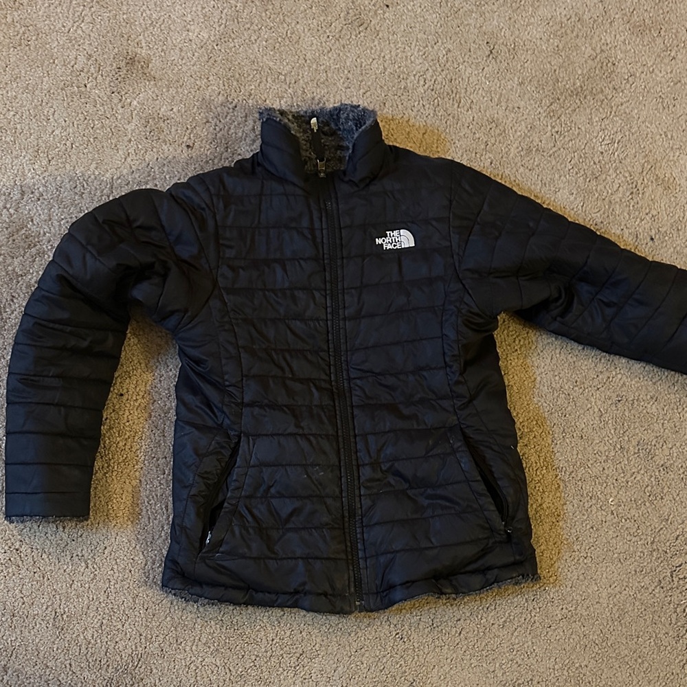 The North Face Kids Black Puffer Jacket reversible black & grey fuzzy large L